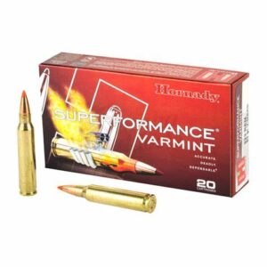 Box of Hornady Superformance Varmint ammunition with two cartridges displayed in front.