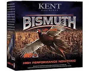 Box of Kent Cartridge Bismuth Upland shotgun shells with a pheasant in flight graphic.