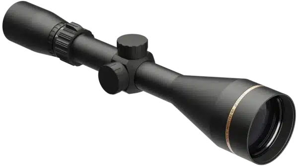 A black rifle scope featuring magnification and focus adjusting knobs. Its tapered design culminates in a large objective lens, enhancing visibility. The body is matte-finished, providing a non-reflective surface.