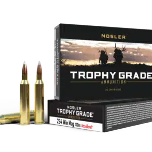 Box of Nosler Trophy Grade ammunition with two cartridges displayed in front.