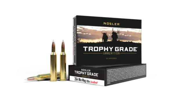 Box of Nosler Trophy Grade ammunition with two cartridges displayed in front.