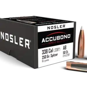 Box of Nosler AccuBond bullets and two loose bullets next to a pen for scale.