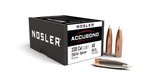 Box of Nosler AccuBond bullets and two loose bullets next to a pen for scale.