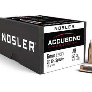 Box of Nosler AccuBond bullets with some bullets displayed outside.