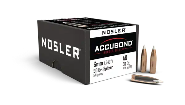 Box of Nosler AccuBond bullets with some bullets displayed outside.