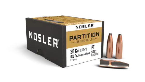 A box of Nosler Partition hunting bullets with two projectiles displayed in front of it.