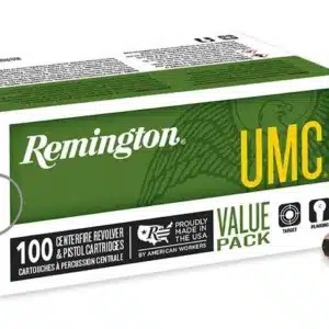 Box of Remington UMC revolver and pistol cartridges with two bullets displayed outside.