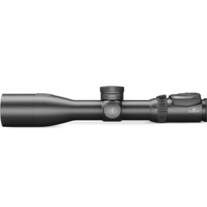 The image depicts a black rifle scope positioned horizontally. The left end (objective lens) is wider and tapers slightly to the main body. Several circular adjustment knobs are located along the cylindrical body, the largest one marked with a numerical scale. The magnification label "5-25x52P" appears in clear font on the side, indicating the scope’s capabilities. The finish is matte, reducing glare, with sharp edges accentuating its robust design.