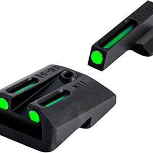 Pair of black pistol sights with green dots.