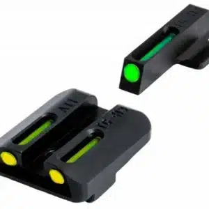 Tritium night sights for a handgun with green and yellow dots, isolated on a white background.