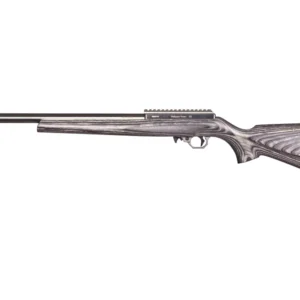 A side view of a black and silver air rifle with a textured grip and stock.