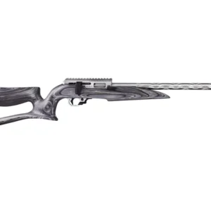 A gray and black swirled pattern rifle with a fluted barrel and a scope rail.