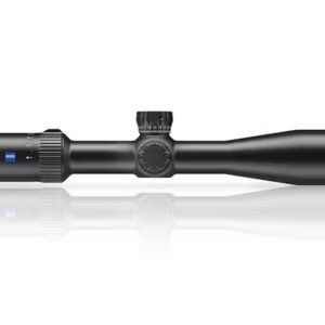 A black rifle scope displayed horizontally, featuring a zoom adjustment knob on the left and elevation and windage turrets on the top. The scope has smooth lines and a glossy finish, reflecting light, with a slight drop shadow for depth. The lenses are enclosed in a cylindrical housing.