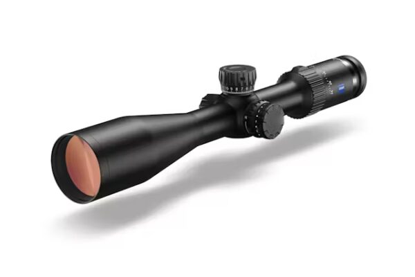 A black rifle scope featuring a long cylindrical body, an adjustable objective lens at the front, and two turrets for windage and elevation adjustments. The scope is designed for precision aiming and has a sleek, matte finish.