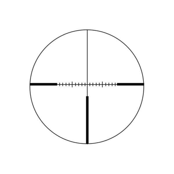 Black crosshair reticle inside a circular scope, featuring horizontal and vertical lines with tick marks for measurements.