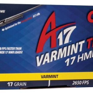 A box of CCI A17 Varmint Tip .17 HMR ammunition with 200 cartridges, featuring a .17 grain bullet displayed beside it.