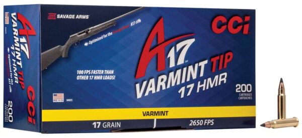 A box of CCI A17 Varmint Tip .17 HMR ammunition with 200 cartridges, featuring a .17 grain bullet displayed beside it.