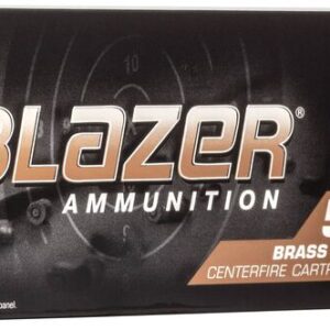 A box of Blazer 357 Magnum ammunition containing 50 brass centerfire cartridges, with two bullets displayed next to it.