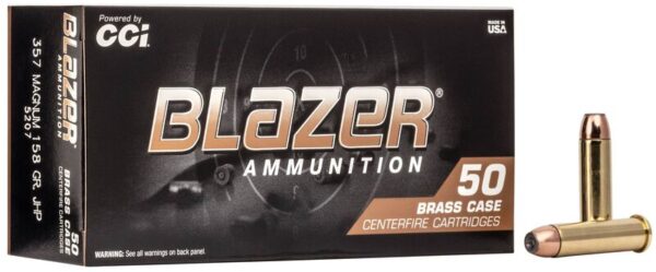 A box of Blazer 357 Magnum ammunition containing 50 brass centerfire cartridges, with two bullets displayed next to it.