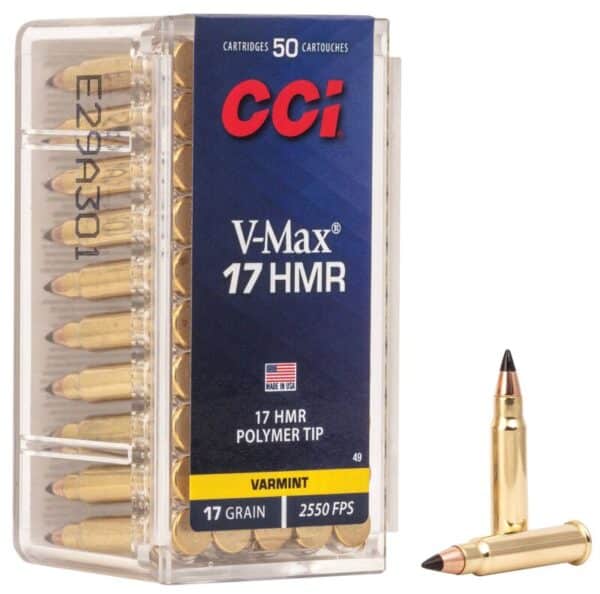 A clear plastic box containing 50 CCI V-Max 17 HMR cartridges, featuring gold casings and polymer tips, with two loose cartridges displayed.