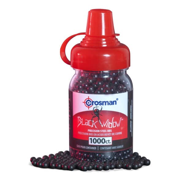 Bottle of Crosman Black Widow precision steel BBs, 1000 count, with some BBs spilled on the surface. Bright red cap and label.