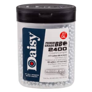 Clear plastic container filled with 2400 premium .177 caliber BBs, labeled with product details and Daisy logo.