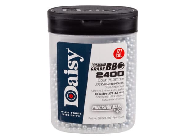 Clear plastic container filled with 2400 premium .177 caliber BBs, labeled with product details and Daisy logo.