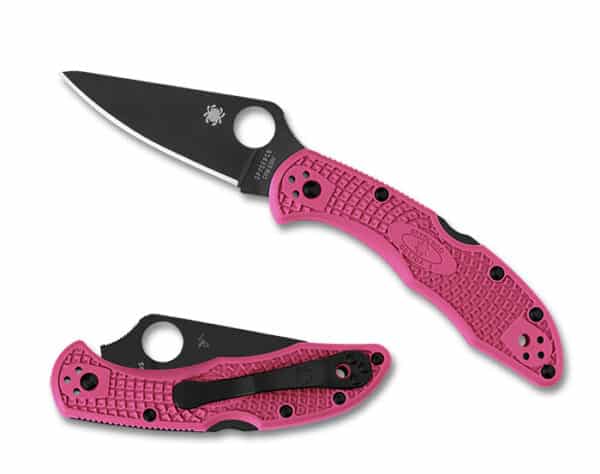 SPYDERCO DELICA 4 PINK LIGHTWEIGHT BLACK BLADE S30V PLAINEDGE. A pink-handled Spyderco folding knife with a black blade, shown in both open and closed positions.
