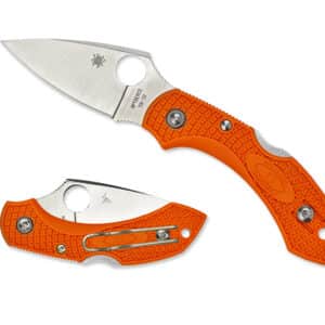 SPYDERCO DRAGONFLY 2 ORANGE LIGHTWEIGHT PLAINEDGE. A vibrant orange folding knife with a textured handle and stainless steel blade, displayed alongside its closed counterpart.