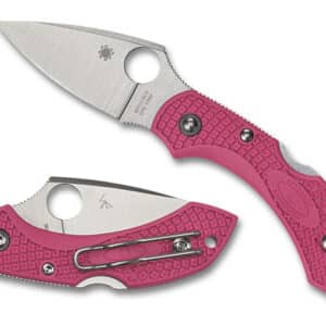 SPYDERCO DRAGONFLY 2 PINK LIGHTWEIGHT S30V PLAINEDGE. A pink folding knife with a textured handle, featuring a stainless steel blade and a unique hole for easy opening.