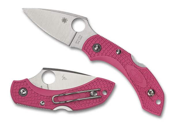SPYDERCO DRAGONFLY 2 PINK LIGHTWEIGHT S30V PLAINEDGE. A pink folding knife with a textured handle, featuring a stainless steel blade and a unique hole for easy opening.