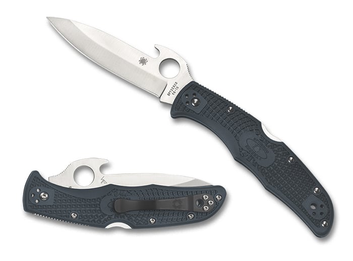 SPYDERCO ENDURA 4 GRAY LIGHTWEIGHT EMERSON OPENER PLAINEDGE. A gray folding knife features a stainless steel blade and a textured handle, displayed in both open and closed positions.