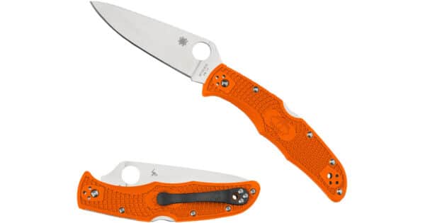 SPYDERCO ENDURA 4 ORANGE LIGHTWEIGHT FLAT GROUND PLAINEDGE. A bright orange-handled folding knife with a stainless steel blade, featuring a textured grip and an ergonomic design.