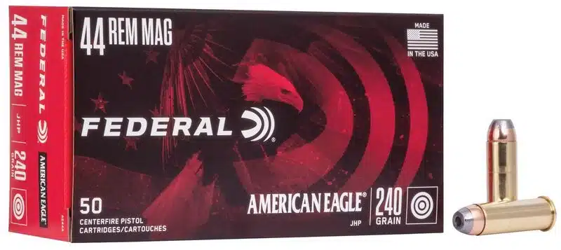 A box of Federal American Eagle 44 Rem Mag ammunition with an eagle graphic, containing 50 cartridges, next to a single bullet.