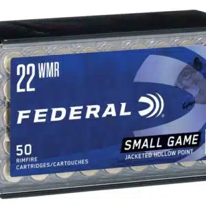 Box of 50 Federal .22 WMR rimfire cartridges for small game, featuring a blue design with a squirrel graphic.