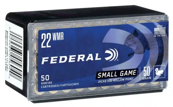 Box of 50 Federal .22 WMR rimfire cartridges for small game, featuring a blue design with a squirrel graphic.