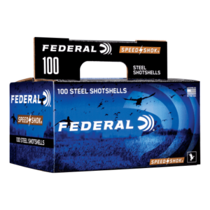 A box of Federal Speed Shok steel shotshells, containing 100 rounds, ideal for hunting and shooting sports.