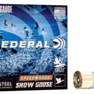 A box of Federal 12-gauge Speed Shok Snow Goose shotgun shells, containing 25 steel shotshells, displayed next to a single cartridge.