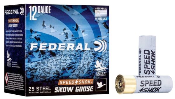 A box of Federal 12-gauge Speed Shok Snow Goose shotgun shells, containing 25 steel shotshells, displayed next to a single cartridge.