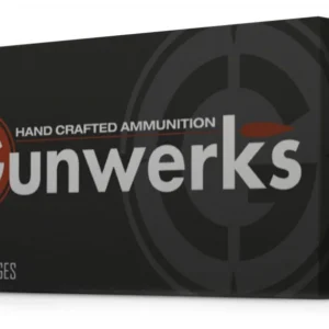 Black ammunition box labeled "Gunwerks," featuring a target logo and stating "Hand Crafted Ammunition" with "20 Cartridges" at the bottom.