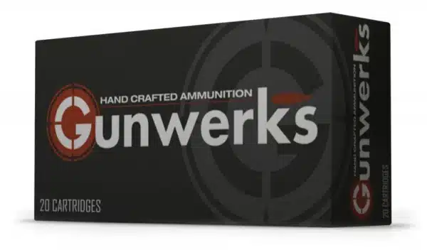 Black ammunition box labeled "Gunwerks," featuring a target logo and stating "Hand Crafted Ammunition" with "20 Cartridges" at the bottom.