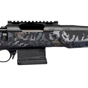 HORIZON VILLAIN 22 CREEDMOOR 18", A sleek, modern hunting rifle with a patterned black and gray stock, featuring a tactical scope mount and extended barrel.