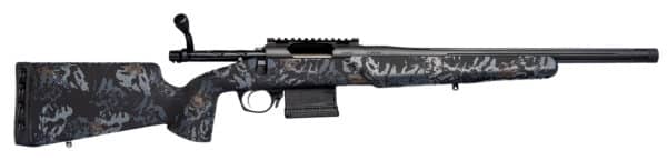 HORIZON VILLAIN 22 CREEDMOOR 18", A sleek, modern hunting rifle with a patterned black and gray stock, featuring a tactical scope mount and extended barrel.