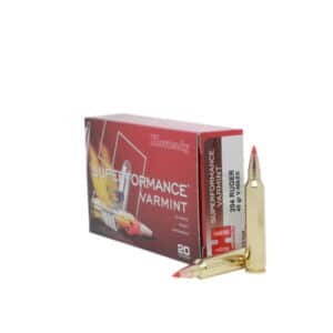 Box of Hornady Superformance Varmint ammunition in .204 Ruger caliber, featuring two cartridges with distinctive red tips.