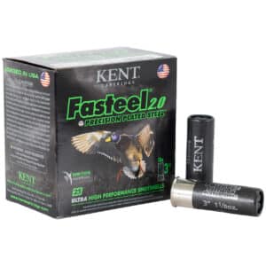 A box of Kent Fasteel 2.0 precision plated steel shot shells, featuring two rounds, designed for high-performance waterfowl hunting.