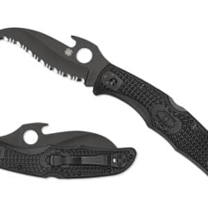 SPYDERCO MATRIARCH 2 BLACK LIGHTWEIGHT EMERSON OPENER BLACK BLADE SPYDEREDGE. A black folding knife with a curved serrated blade and textured handle, displayed open and closed, showcasing its sleek design.