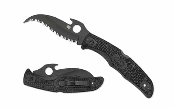 SPYDERCO MATRIARCH 2 BLACK LIGHTWEIGHT EMERSON OPENER BLACK BLADE SPYDEREDGE. A black folding knife with a curved serrated blade and textured handle, displayed open and closed, showcasing its sleek design.