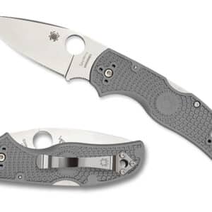 SPYDERCO NATIVE 5 GRAY LIGHTWEIGHT MAXAMET PLAINEDGE. A polished Spyderco folding knife with a stainless steel blade and a gray textured handle, displayed open and closed.