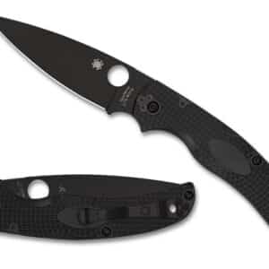 SPYDERCO NATIVE CHIEF BLACK LIGHTWEIGHT BLACK BLADE. A black folding knife with a textured handle and a slim, pointed blade, featuring a signature logo and pocket clip for easy carrying.