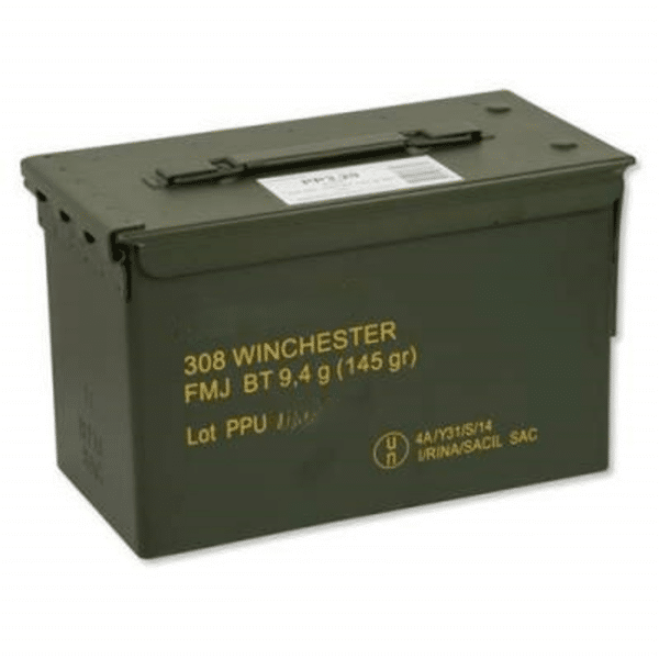 A green metal ammunition box labeled "308 Winchester FMJ BT 9.4 g (145 gr)" with a hinged lid and latch.